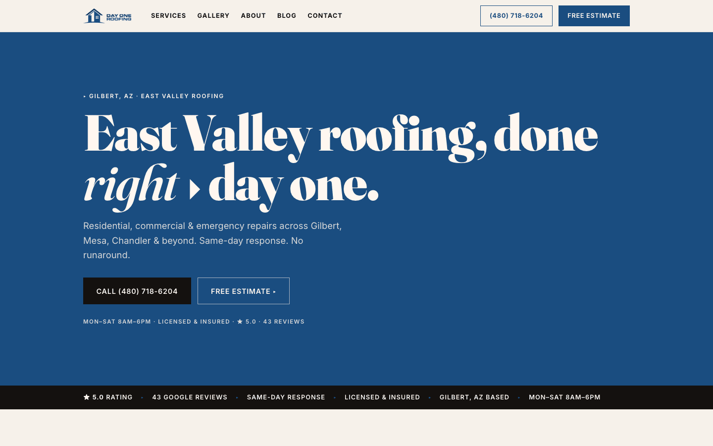 Day One Roofing website, desktop